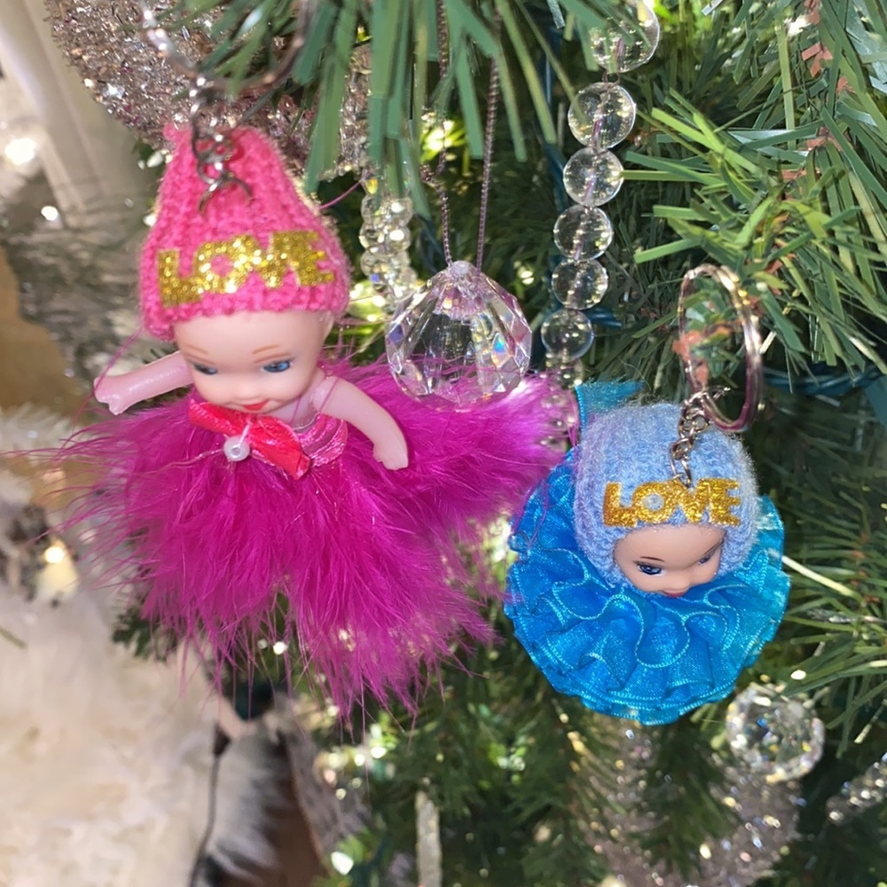 2 baby doll Christmas tree ornaments or keychains pink feather blue ribbon ball‌ - Picture 8 of 16